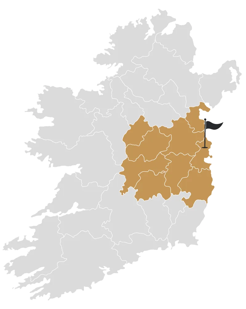 Map of Ireland highlighting the Dublin and East Coast golf region