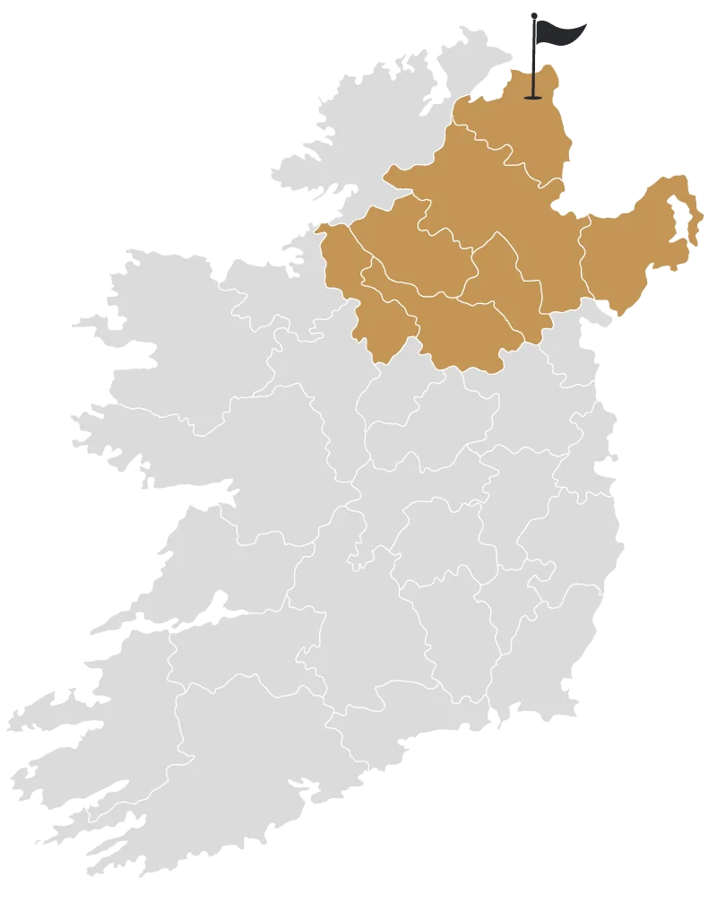 Map of Ireland highlighting the Northern Ireland golf region