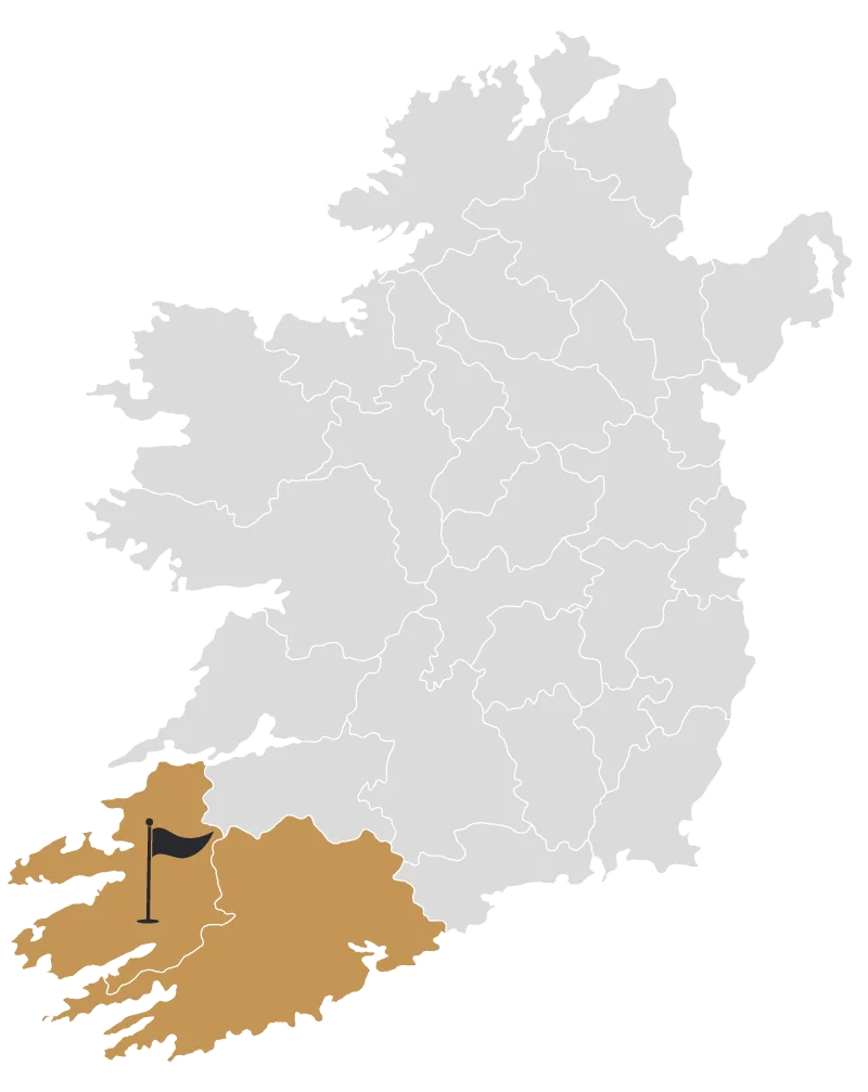 Map of Ireland highlighting the South West Ireland golf region