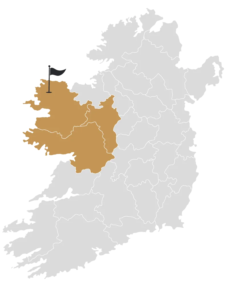 Map of Ireland highlighting the West of Ireland golf region